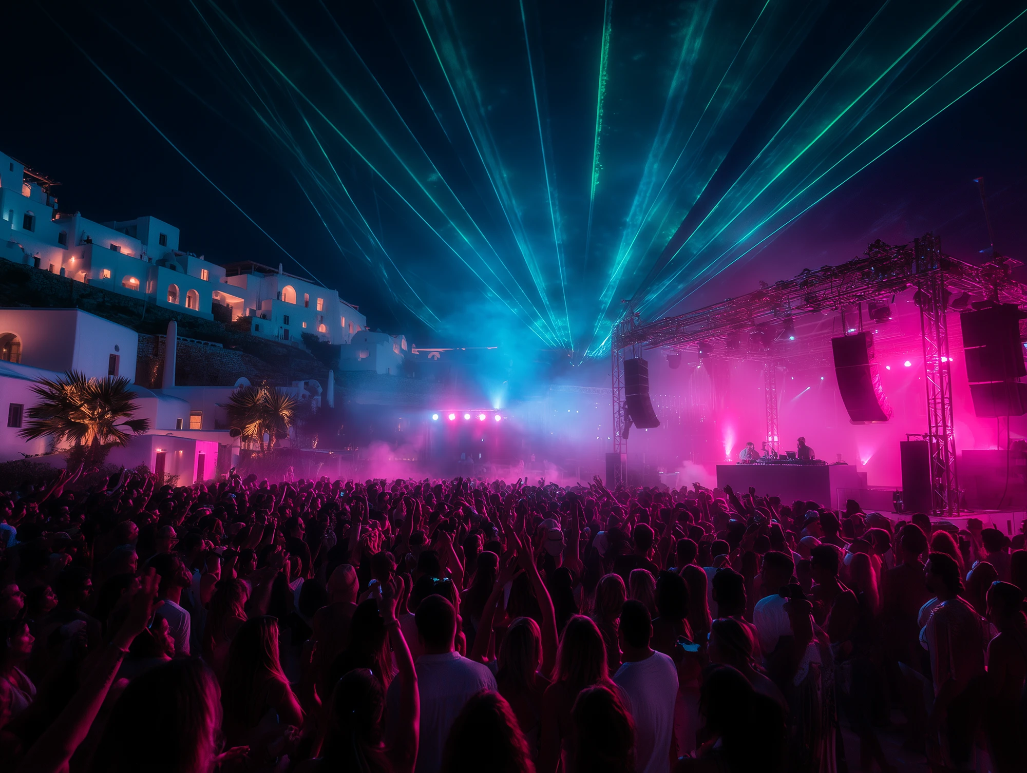 Large-scale outdoor event production with sound and lighting in Mykonos