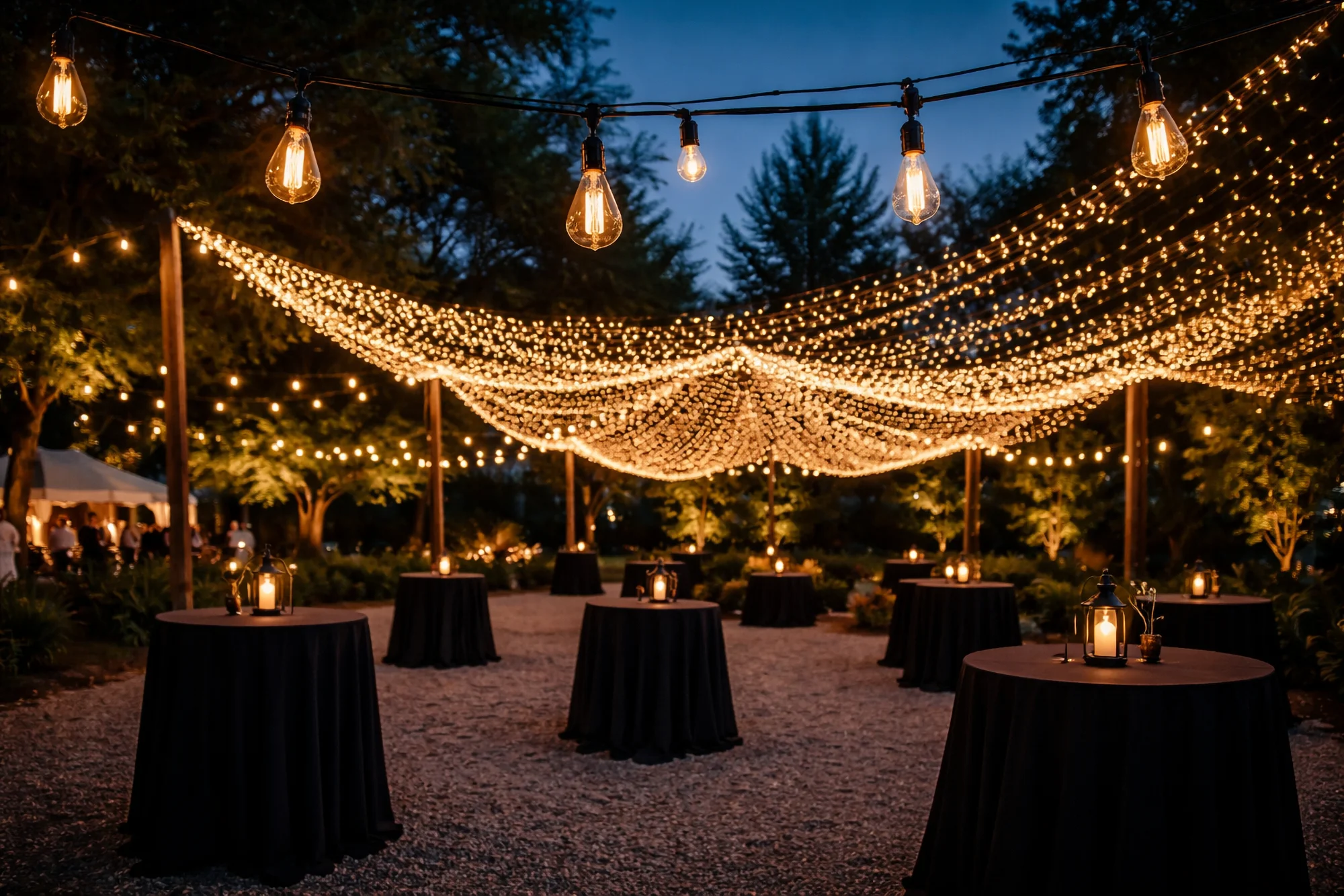 Fairy light canopy installation at outdoor wedding venue Mykonos